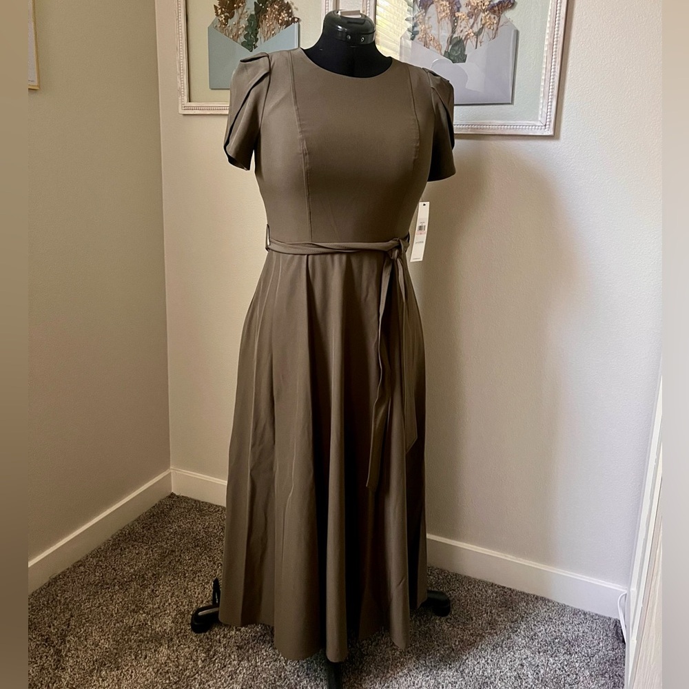 Calvin Klein Size 10 Olive Green Dress with Ruffle Sleeves